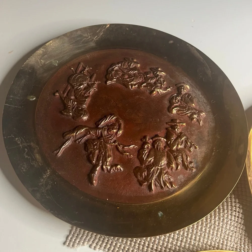 Vintage Korean Brass Copper Wall Plates Set of 3 Mixed Metal Relief Decor 11.75